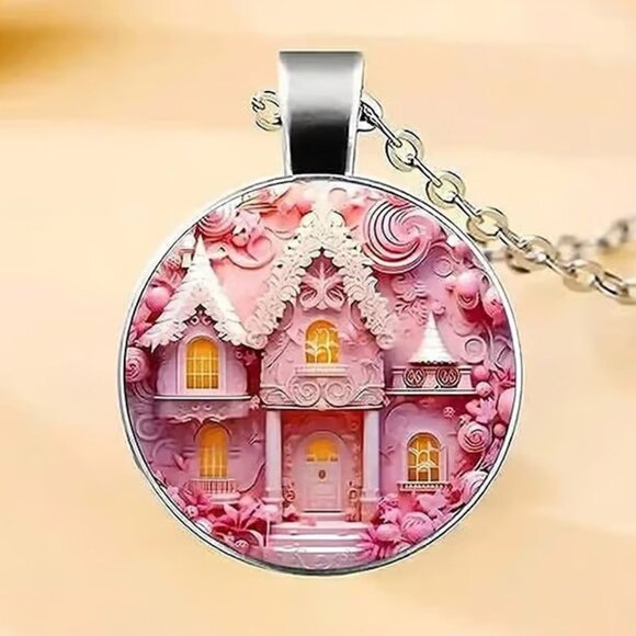 Silver PINK VICTORIAN CHALET Castle Cabochon Pendant Necklace - Picture 1 of 3